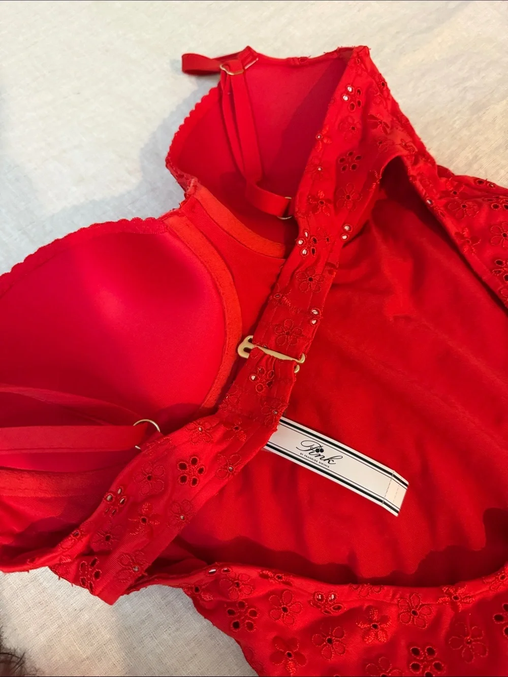 Frankie’s Bikinis x Pink Red Eyelet Lace One-Piece Swimsuit